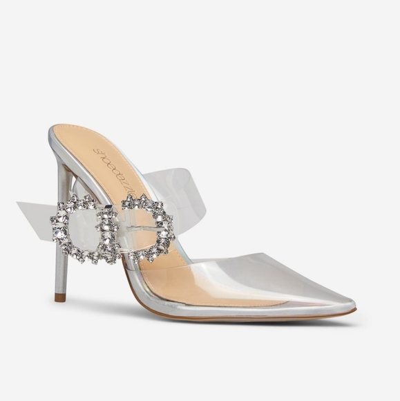 #NWT- CLEAR /SILVER SIZE 7.5 STILETTO HEELPOINTED TOE BUCKLE DETAIL - Picture 4 of 7
